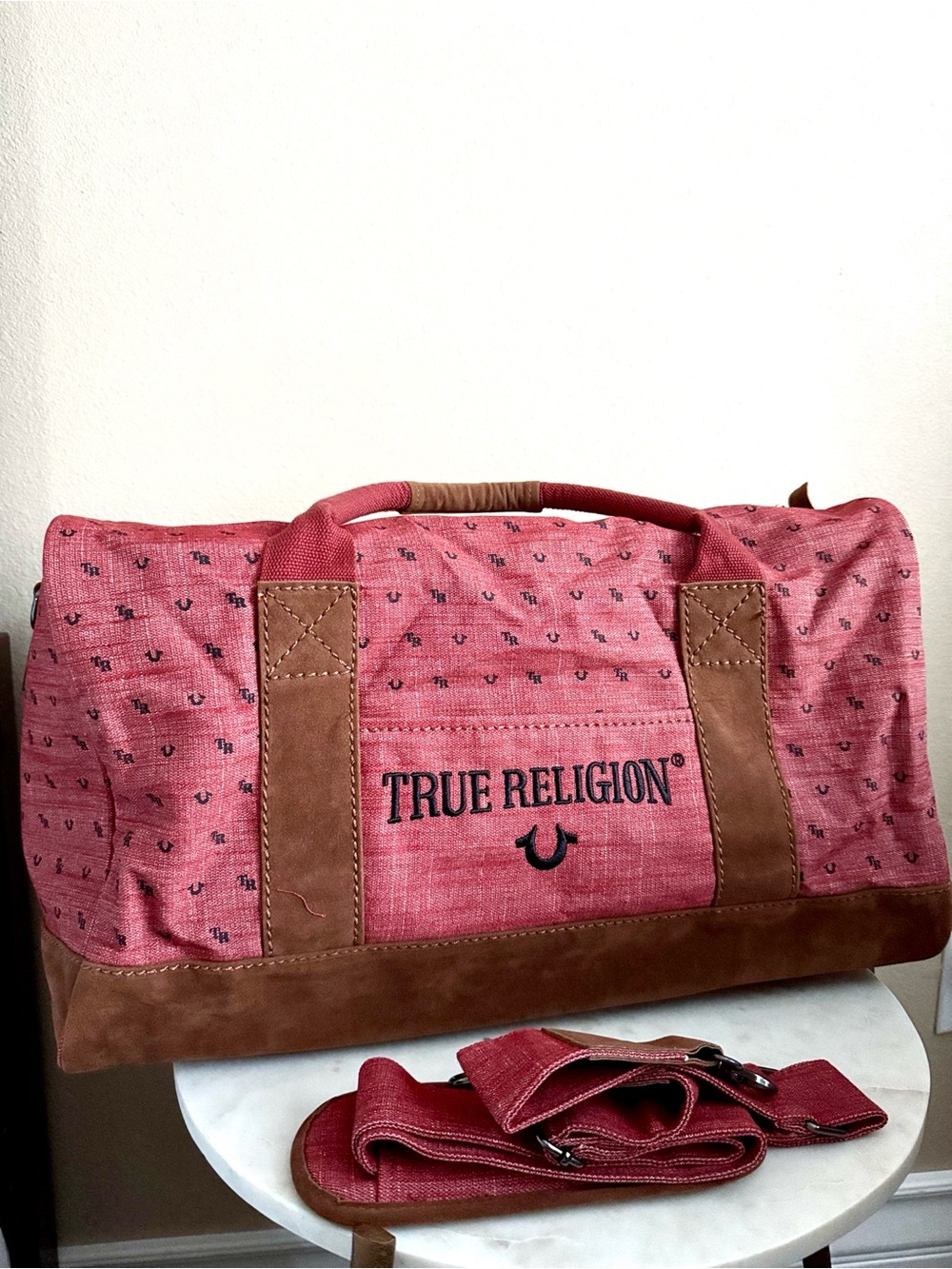 True Religion Maroon Canvas Duffel with Brown Leather Trim